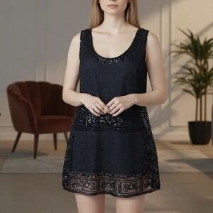 Isda‎ & Co. Black Sequin Embellished Lace Flapper Top Size M